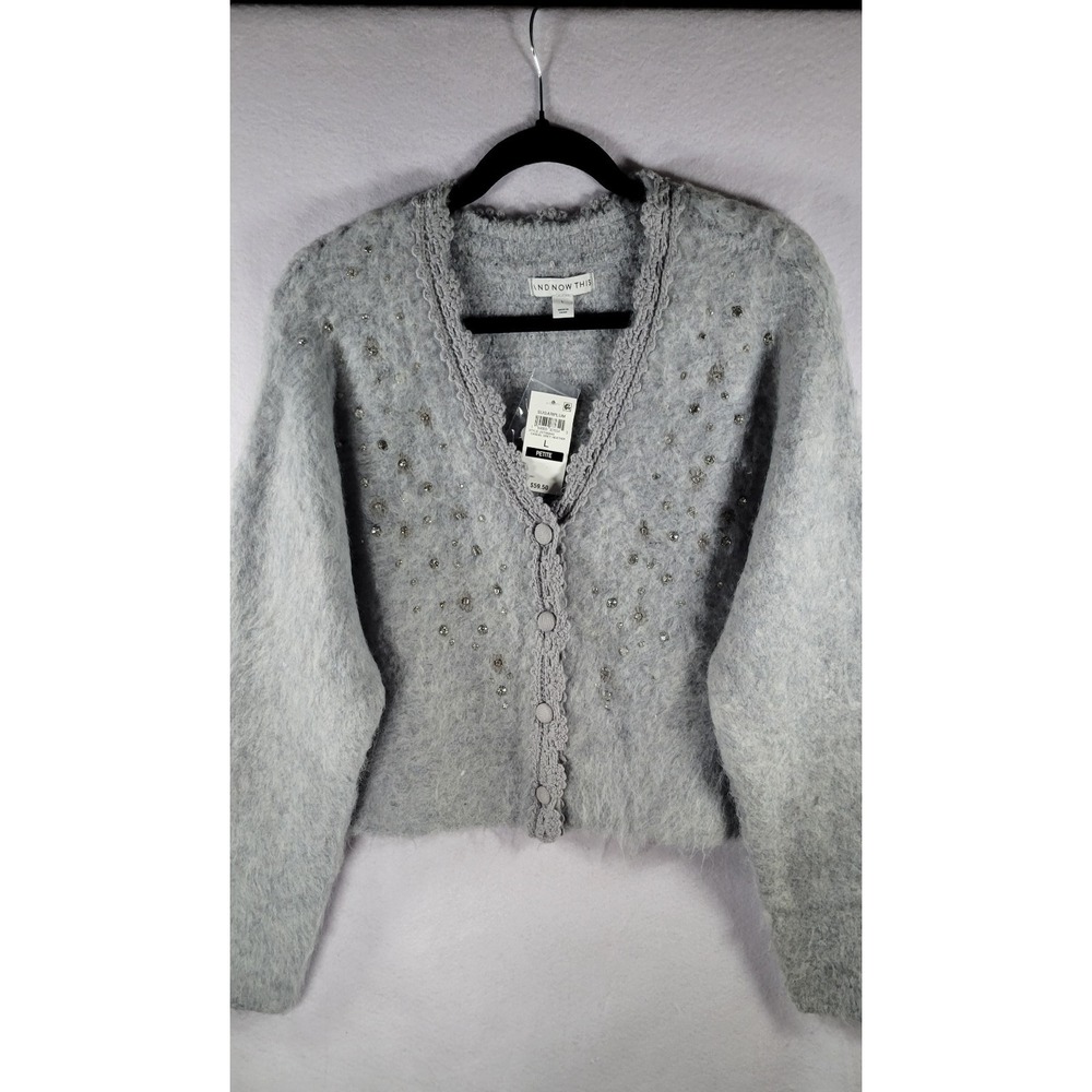And Now This NWT Women's Crop Sweater LgRhinestones Crochet Ruffles Trendy Warm